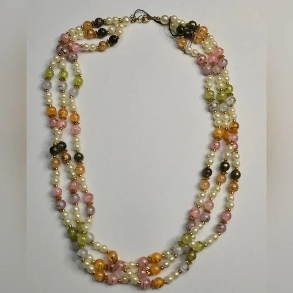 Treska Vintage Style Triple Strand Multicolor Faux Pearl Pastel Bead Necklace
